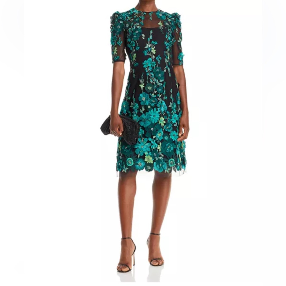 Teri Jon by Rickie Freeman 3D Floral Embroidered Elbow Sleeve Dress Size 4 NWT
